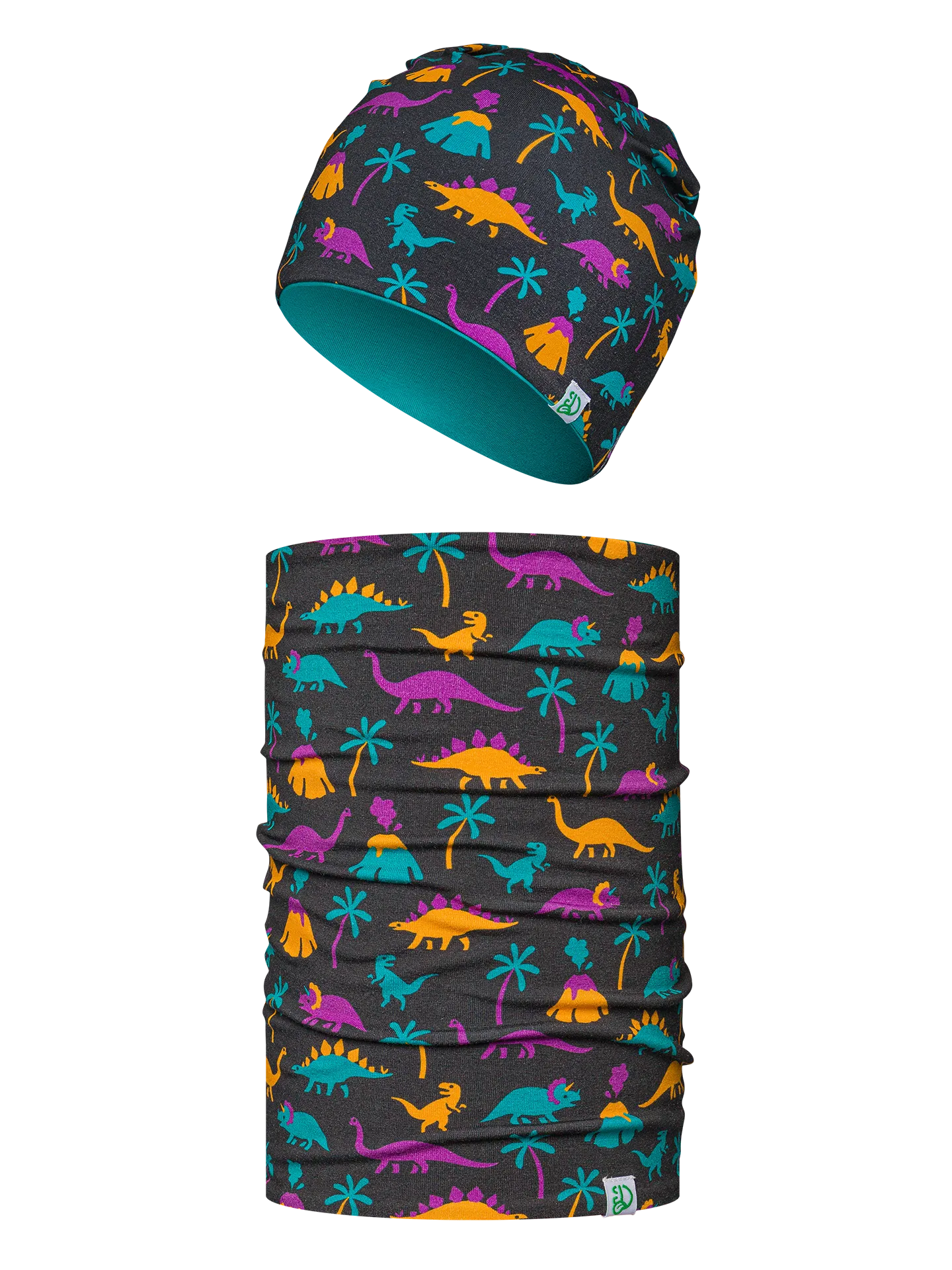 Vrolijke kinderset met muts en nekwarmer Dino's en vulkanen